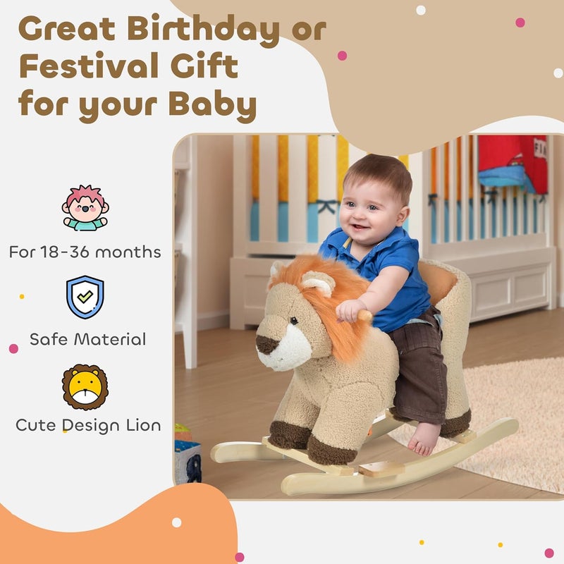 Qaba Baby Rocking Horse Lion with Sound, Plush Stuffed Rocking Animals, Wooden Rocking Horse with Seat Belt for 18-36 Months Boys and Girls Gift, Brown - Image 3